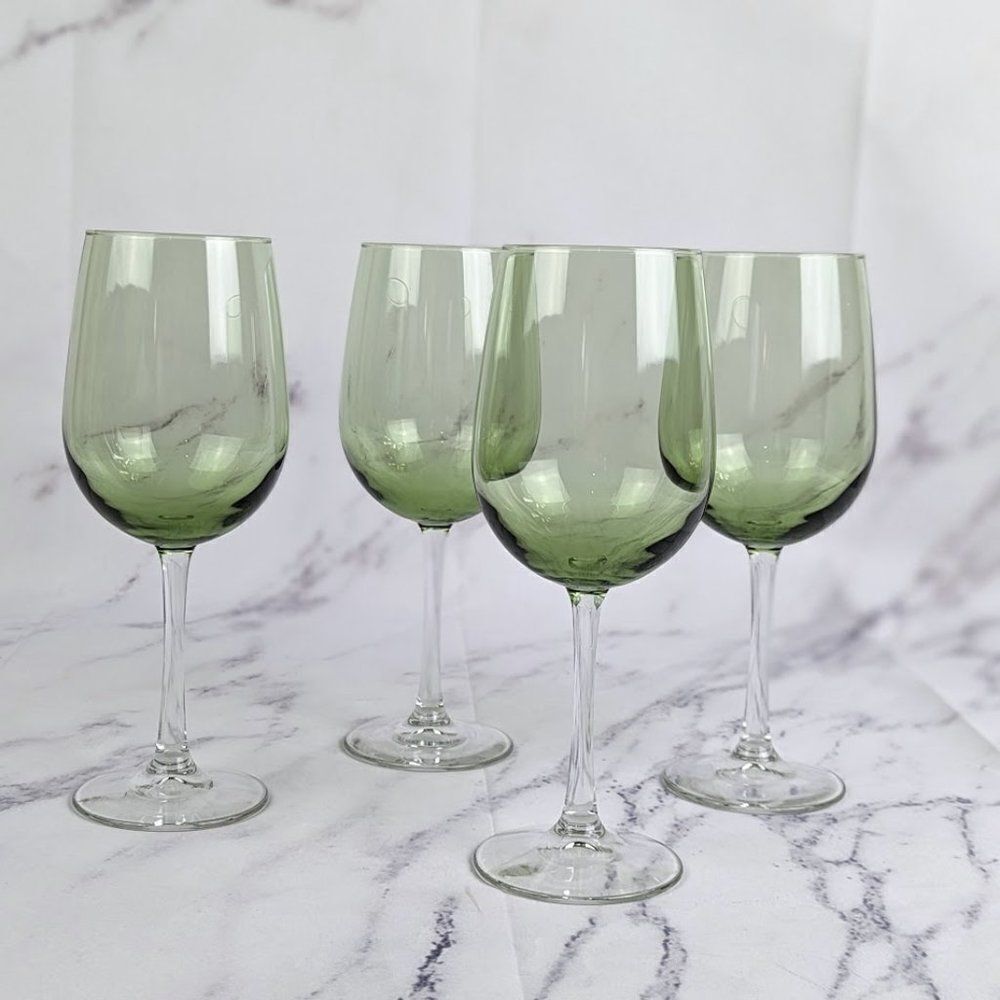 Vintage 70s Avocado Green Large Wine Balloon Glasses Set of 4